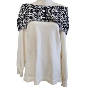 Anne Klein Womens XL Off Shoulder Portrait Damask Knit Sweater White Black
